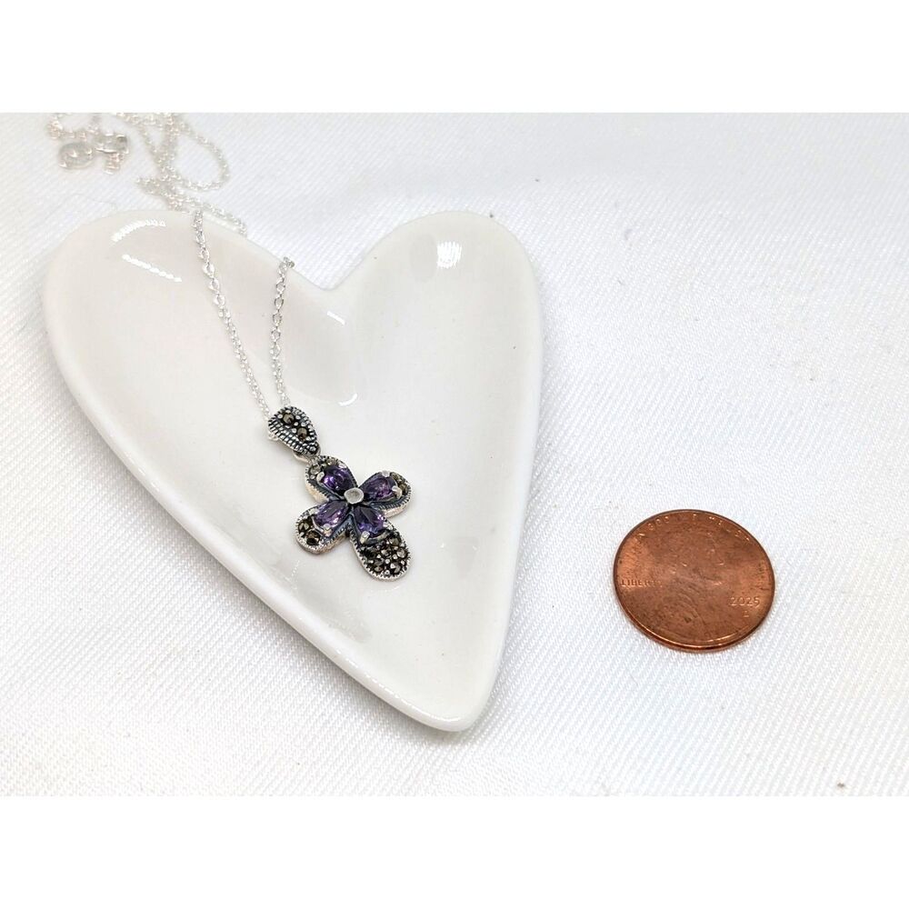 Vintage Sterling Silver Marcasite & Amethyst Cross Pendant Necklace - Picture 3 of 6